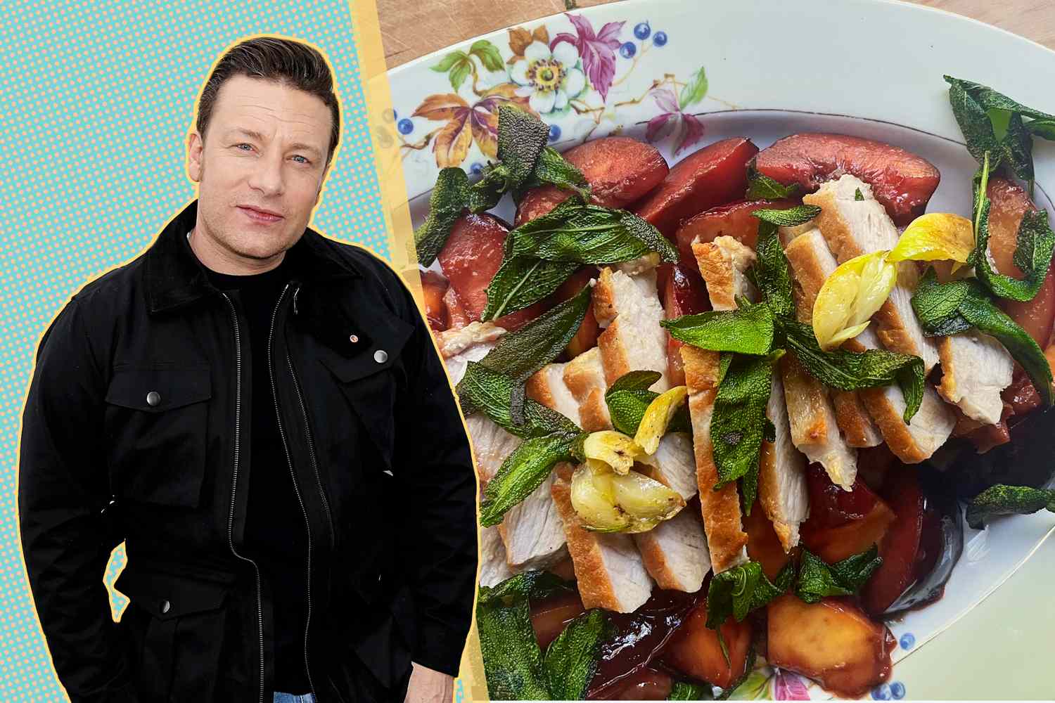 A split image of Jamie Oliver and a plate of pork chops with garnishes