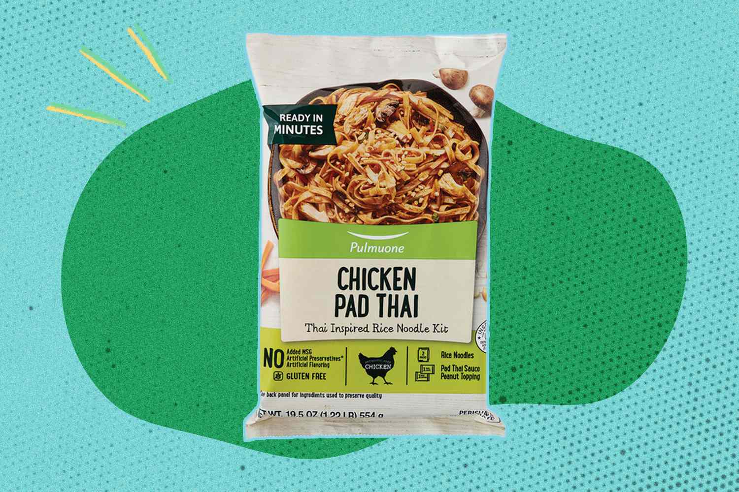 Packaging of Priano chicken pad thai noodle meal with a green and blue graphic background