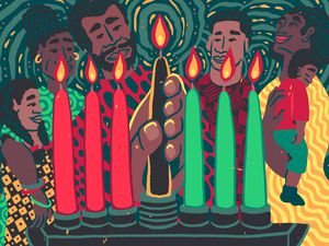 Six Black family members gathered around the kinara—a 7-branched candlestick—as the last, central candle is placed in it