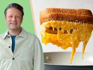 portrait of Jamie Oliver next to an image of a grilled cheese with cheese gooping out of the sides of the sandwich