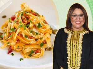 A split image of Rachael Ray and a plate of pasta garnished with herbs and cheese