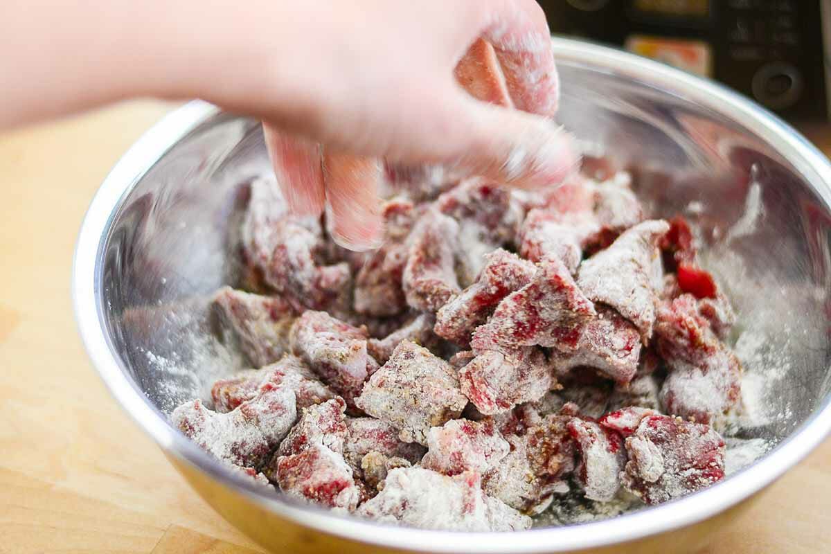make sure all the meat for slow cooker beef stroganoff is coated with flour