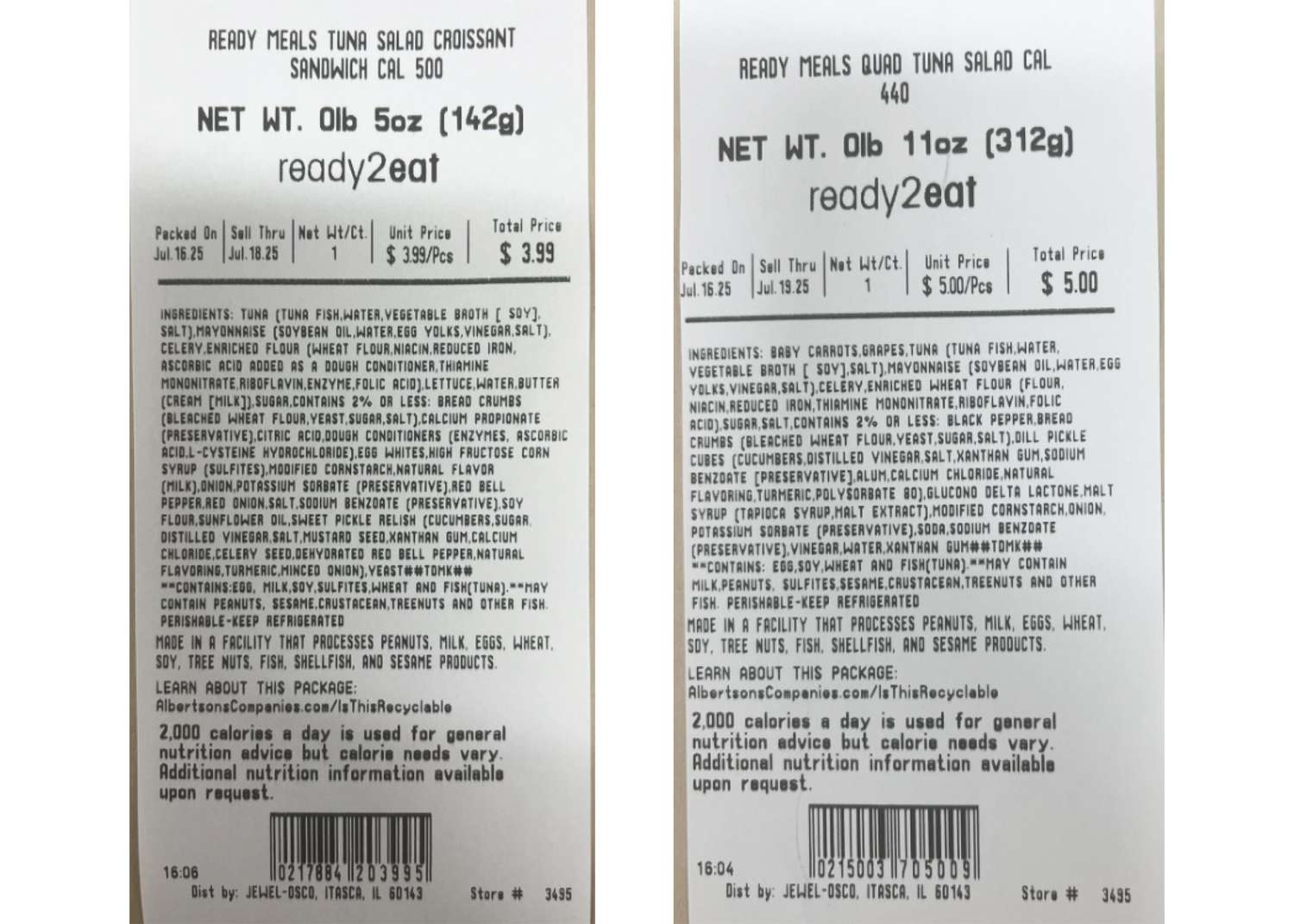 Labels of readytoeat tuna salad products showing nutritional information and weight