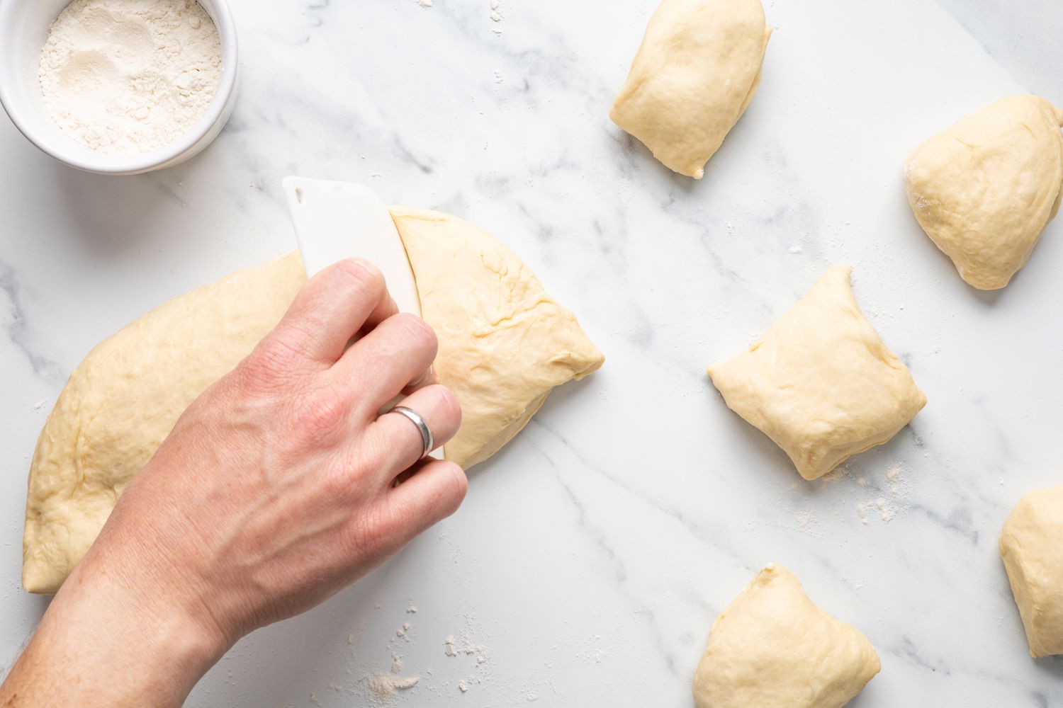 Divide Pepperoni Roll Dough Using a Bench Scraper