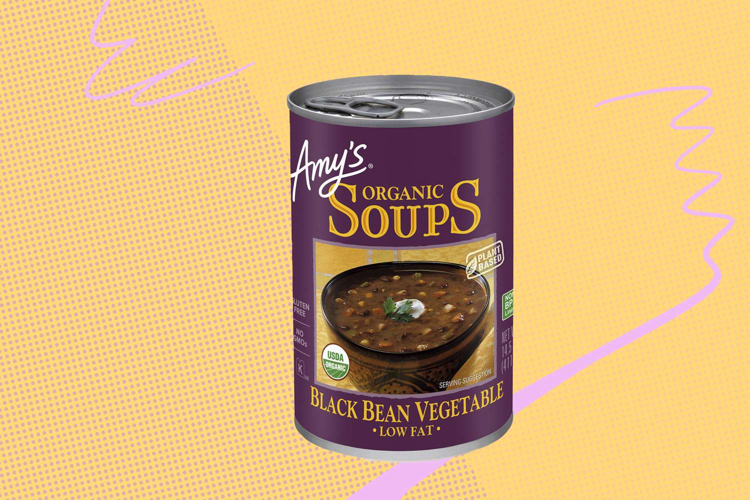 A can of Amys Organic Soups Black Bean Vegetable flavor
