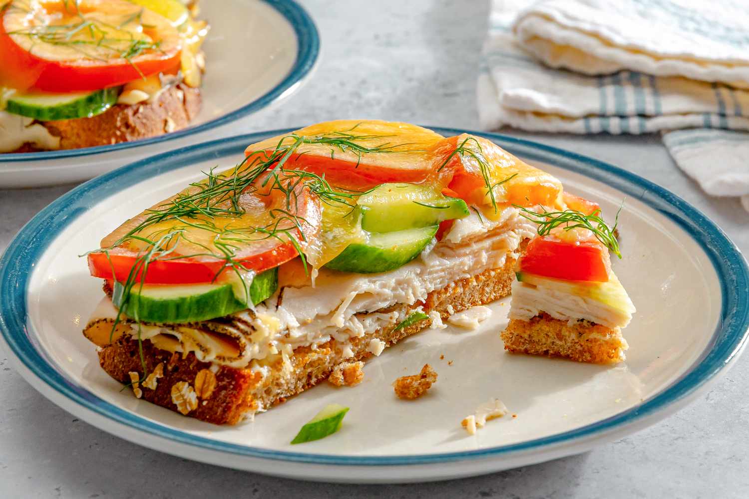 An openfaced sandwich topped with various fresh vegetables and garnish on a plate with elements such as sliced tomato and cucumber visible