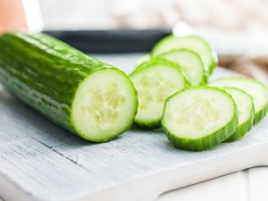 Sliced cucumber on a cutting board