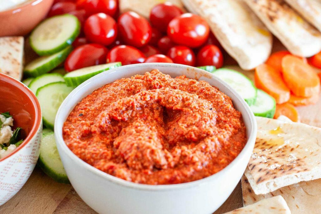 Muhammara in a white bowl