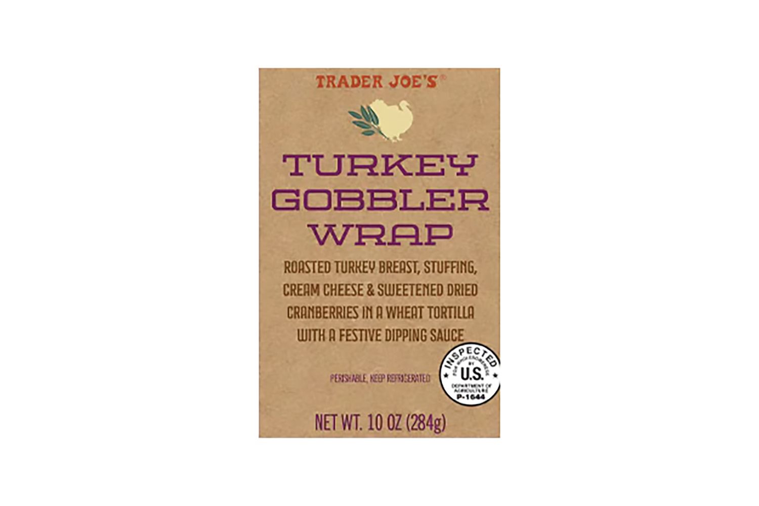 The packaging of Trader Joes Turkey Gobbler Wrap a product containing roasted turkey breast stuffing cranberries and cream cheese