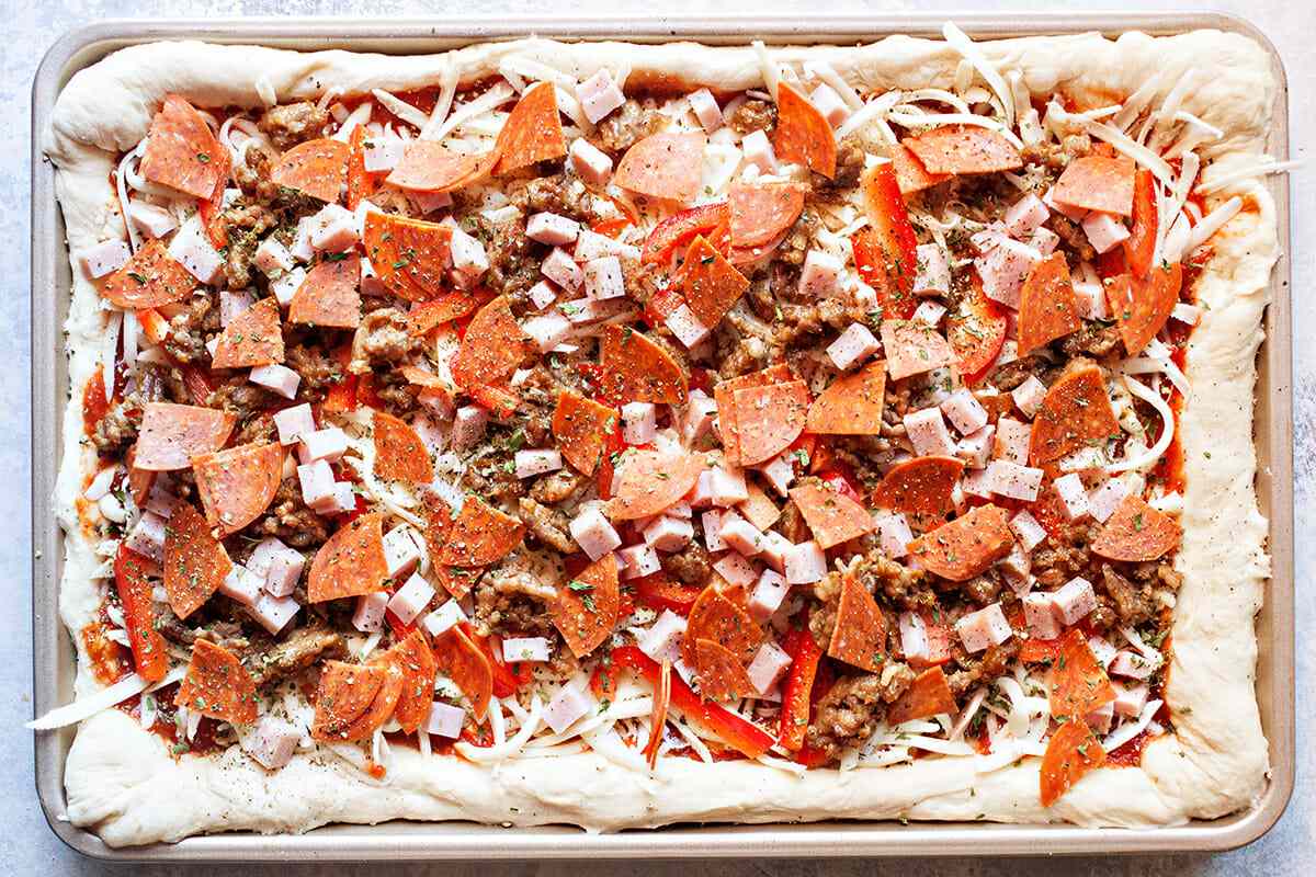 Sheet Pan Pizza with Pepperoni ready to bake