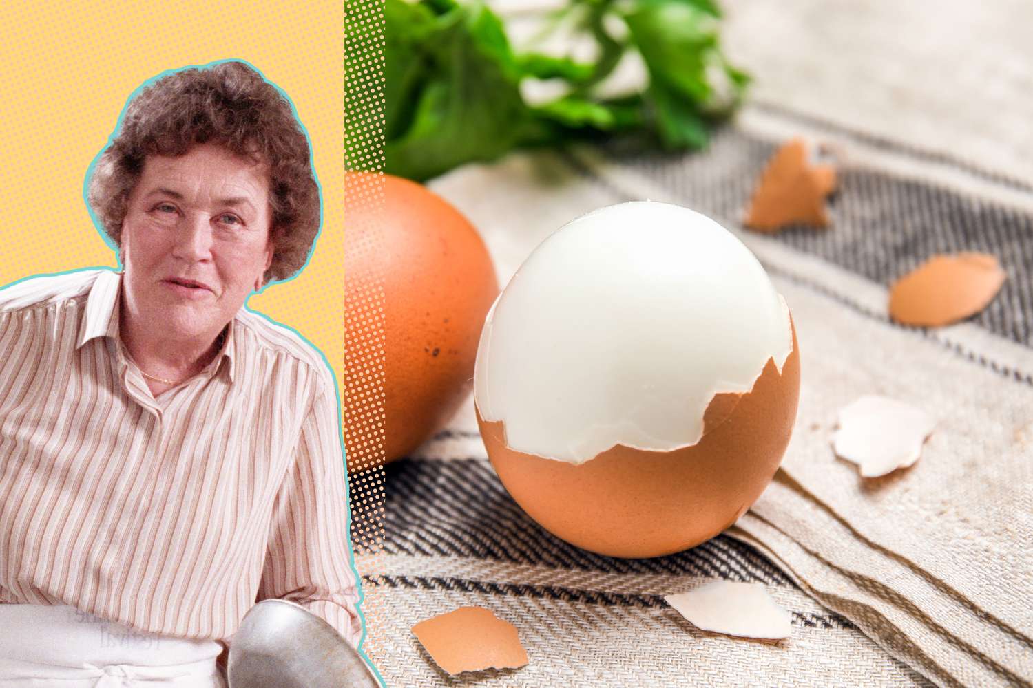 collage of Julia Childs and a boiled egg, half peeled