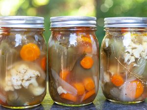 Escabeche (Pickled Jalapenos) in pint jars, canned with carrots and cauliflower