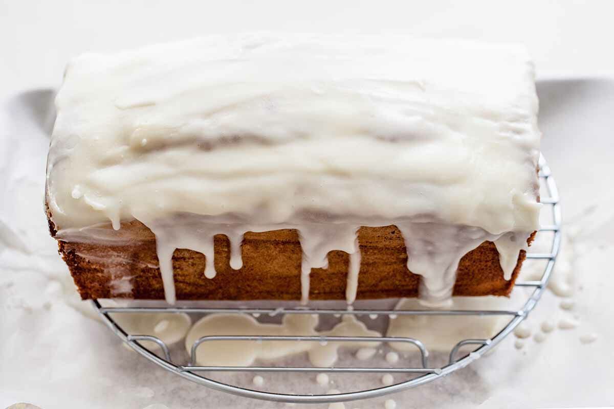Vanilla Pound Cake in a Loaf Pan glaze the cake