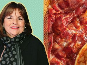 Ina Garten cut out next to a picture of cooked bacon
