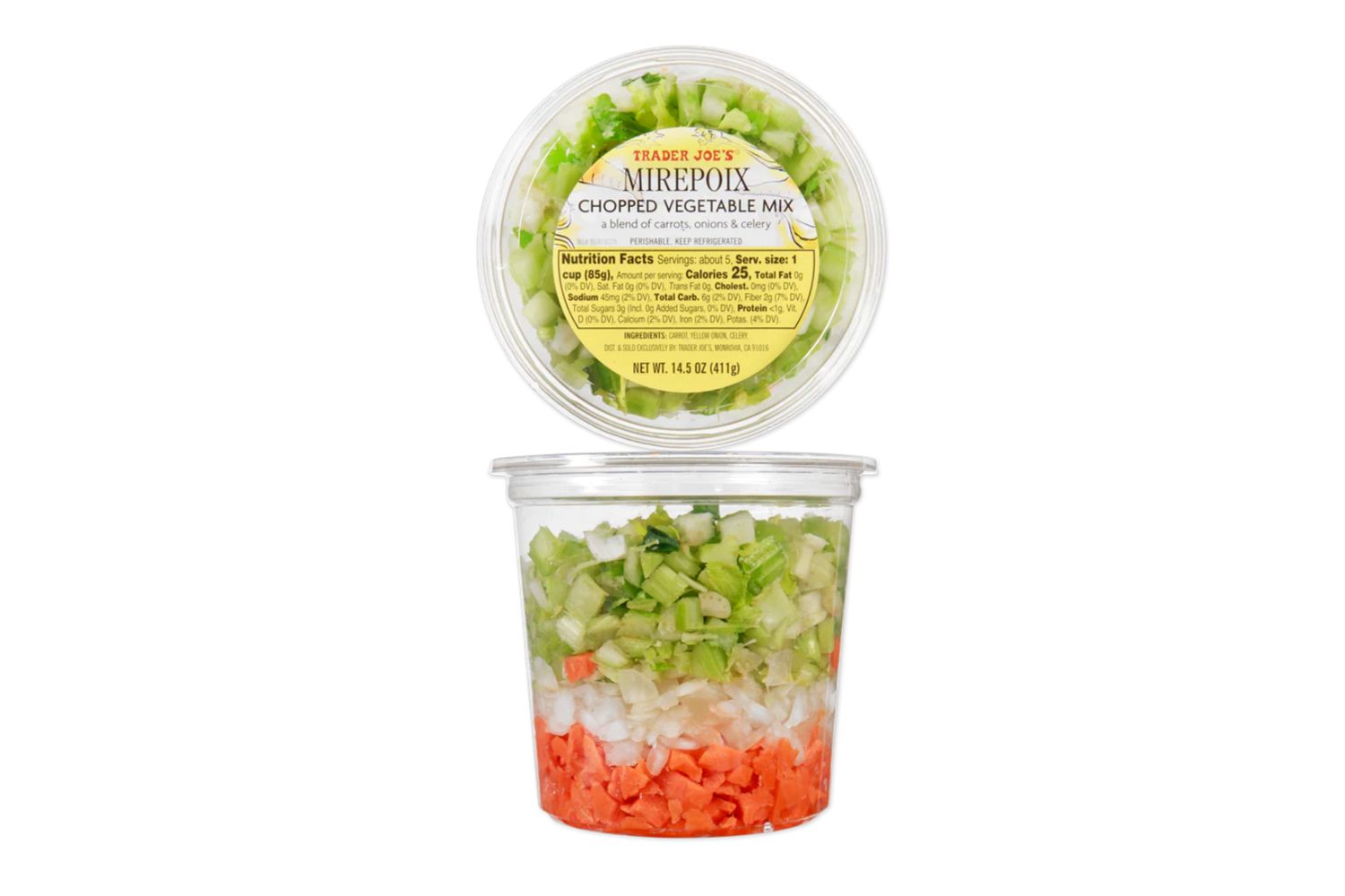 Trader Joes Mirepoix chopped vegetable mix in a plastic container