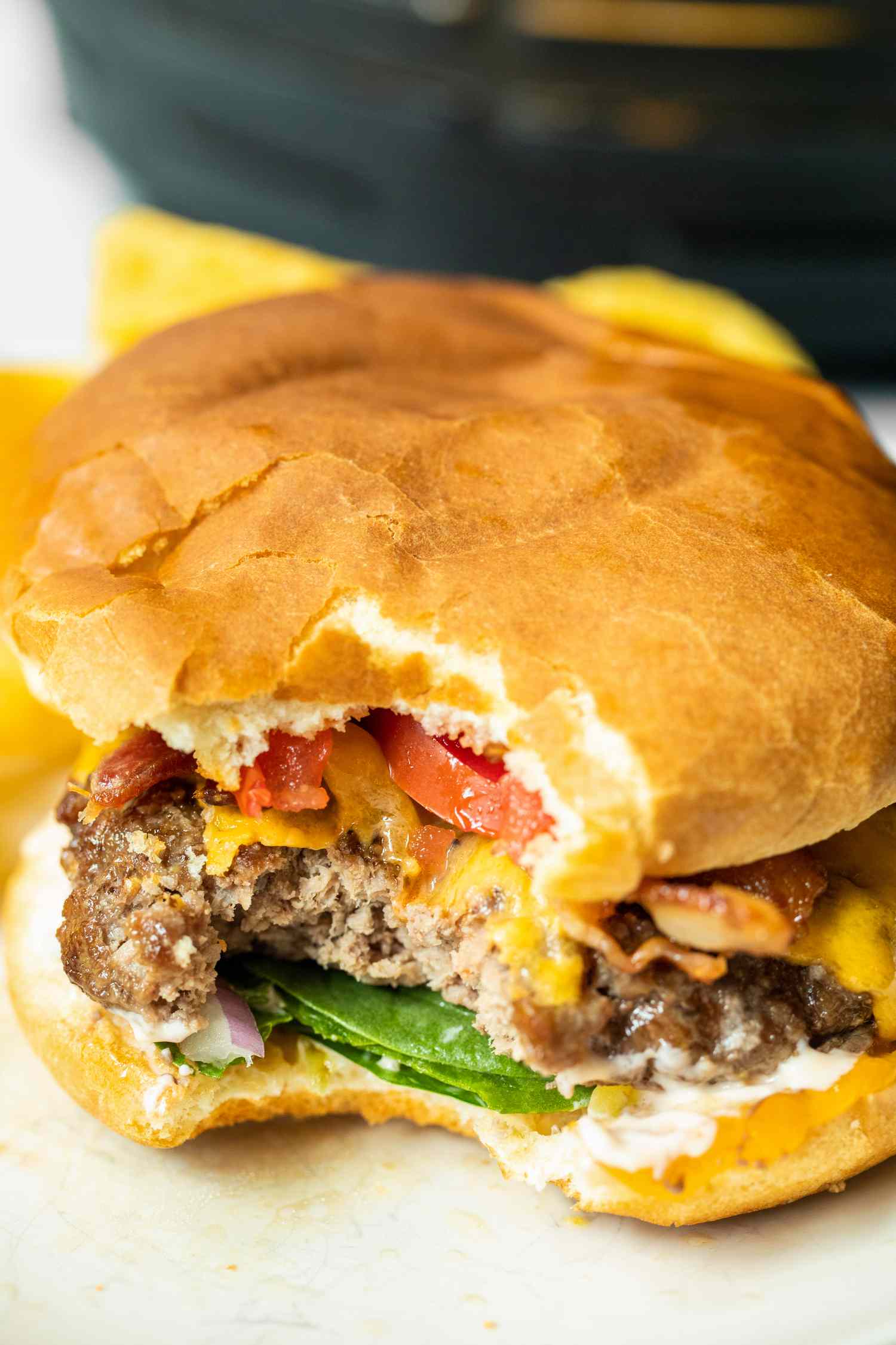 Air Fryer Burger Bitten Into