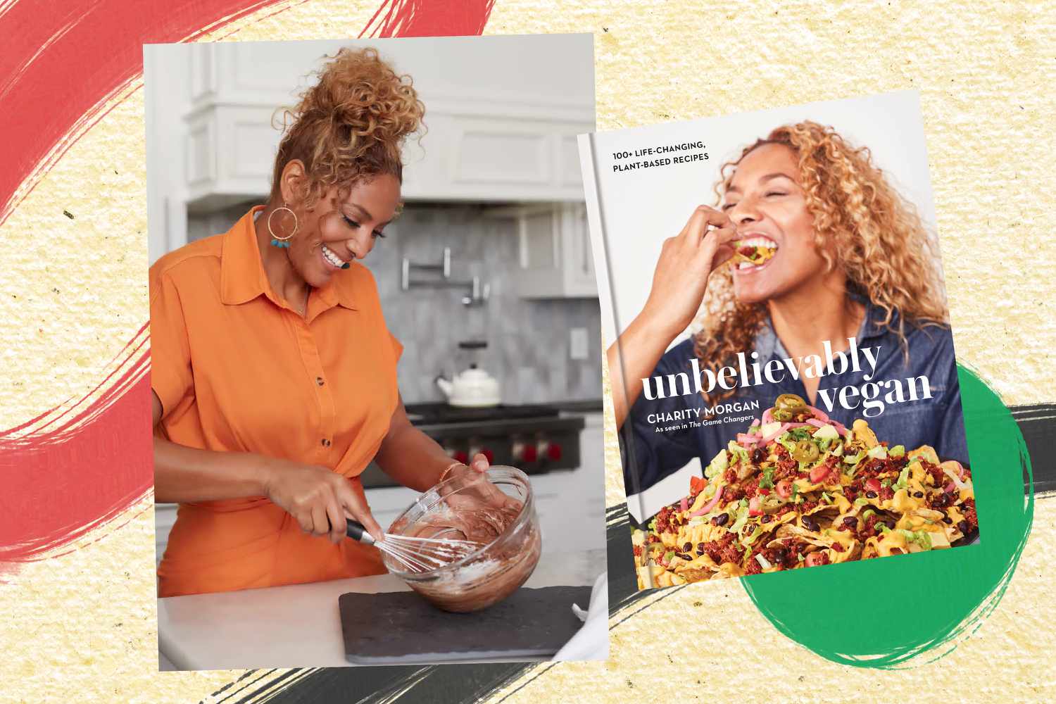 Collage of Charity Morgan and her cookbook "Unbelievably Vegan"