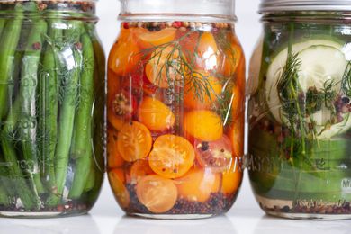 Jars of Quick Pickles (One of Green Beans, One of Tomatoes, and Another of Cucumbers)