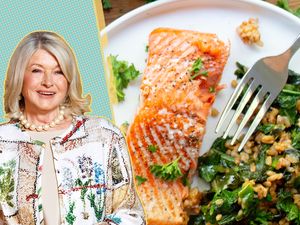 Martha Stewart alongside a plate of salmon and greens