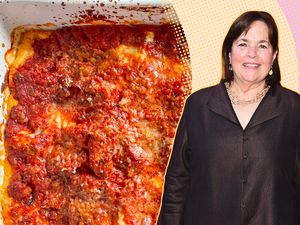 A split image of Ina Garten standing next to a dish of baked lasagna