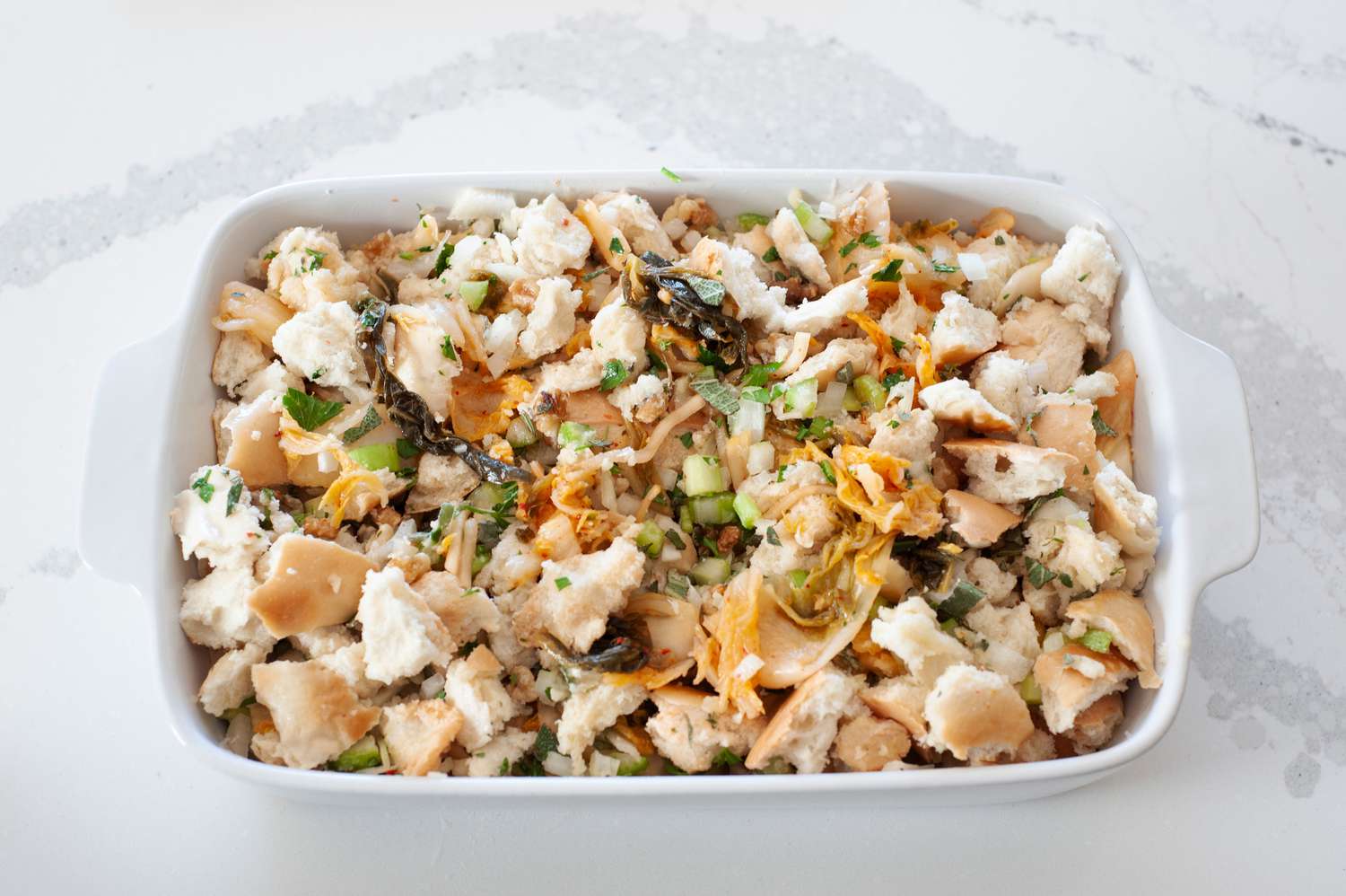 Kimchi stuffing in a casserole dish.
