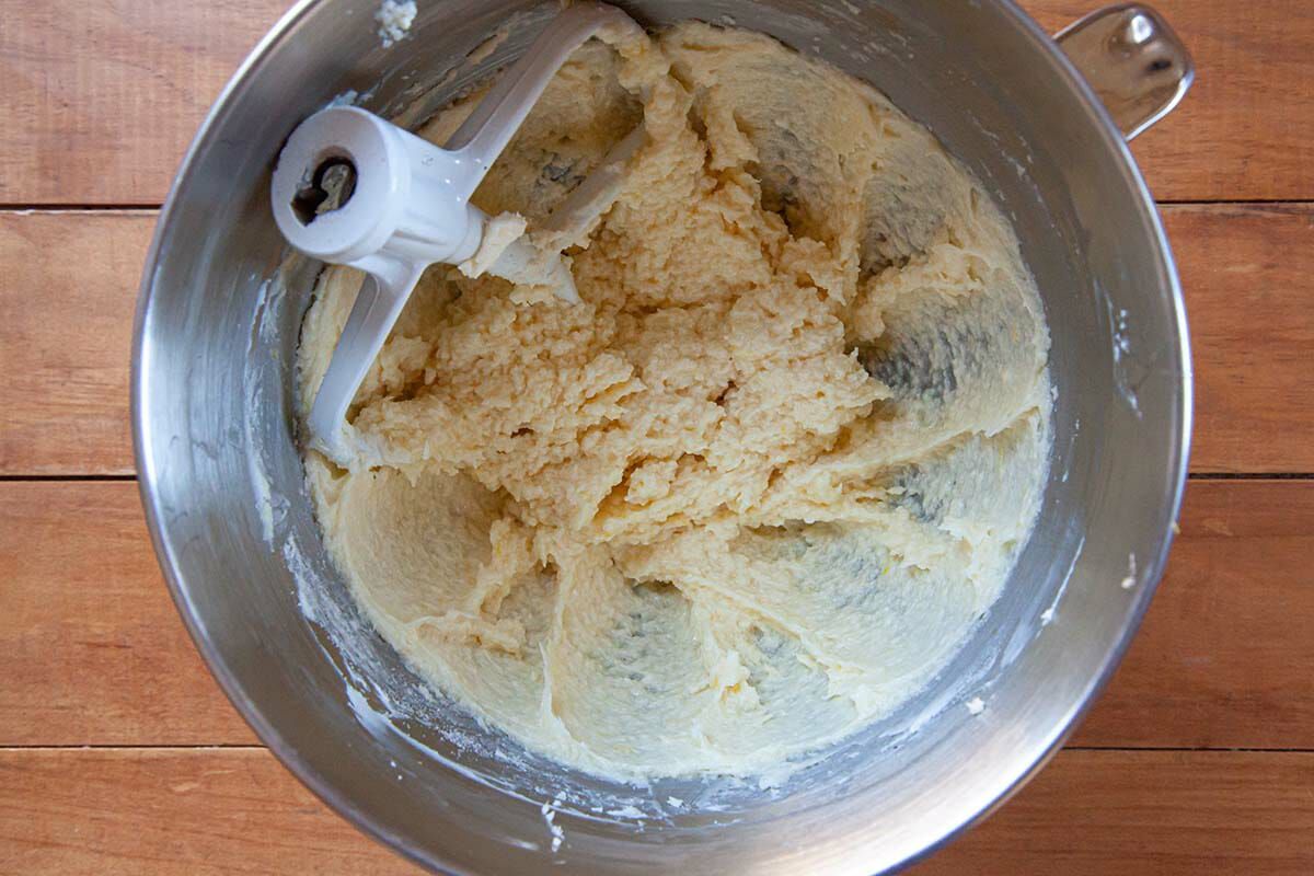 Best Sugar Cookie dough mixed in the bowl of a stand mixer.