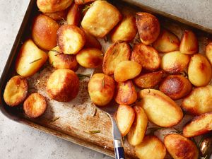 A sheet pan with roasted potatoes
