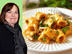 A split image of Ina Garten and a plate of pasta with cheese and herbs