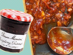 Monne Maman Raspberry Preserves next to an image of barbecue in a pan