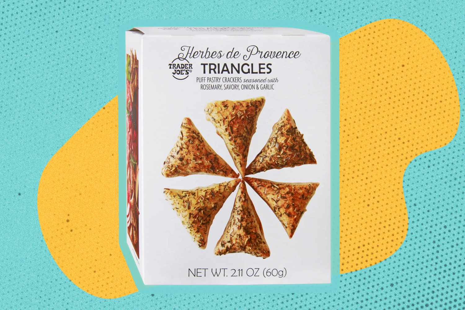 Trader Joe's Herbes de Provence Triangles on a yellow and blue color blob background