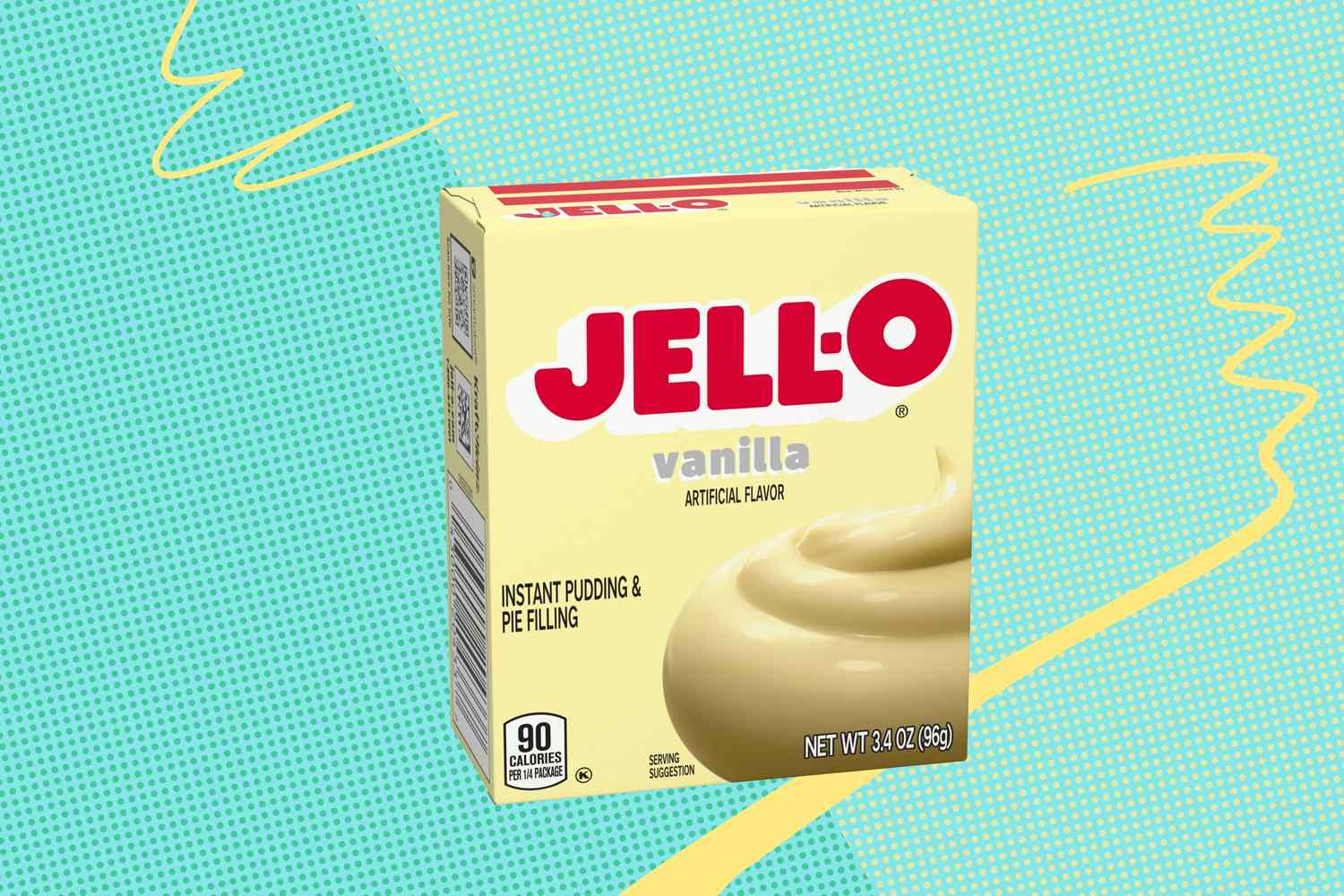 A box of JellO vanilla instant pudding mix on a colorful background