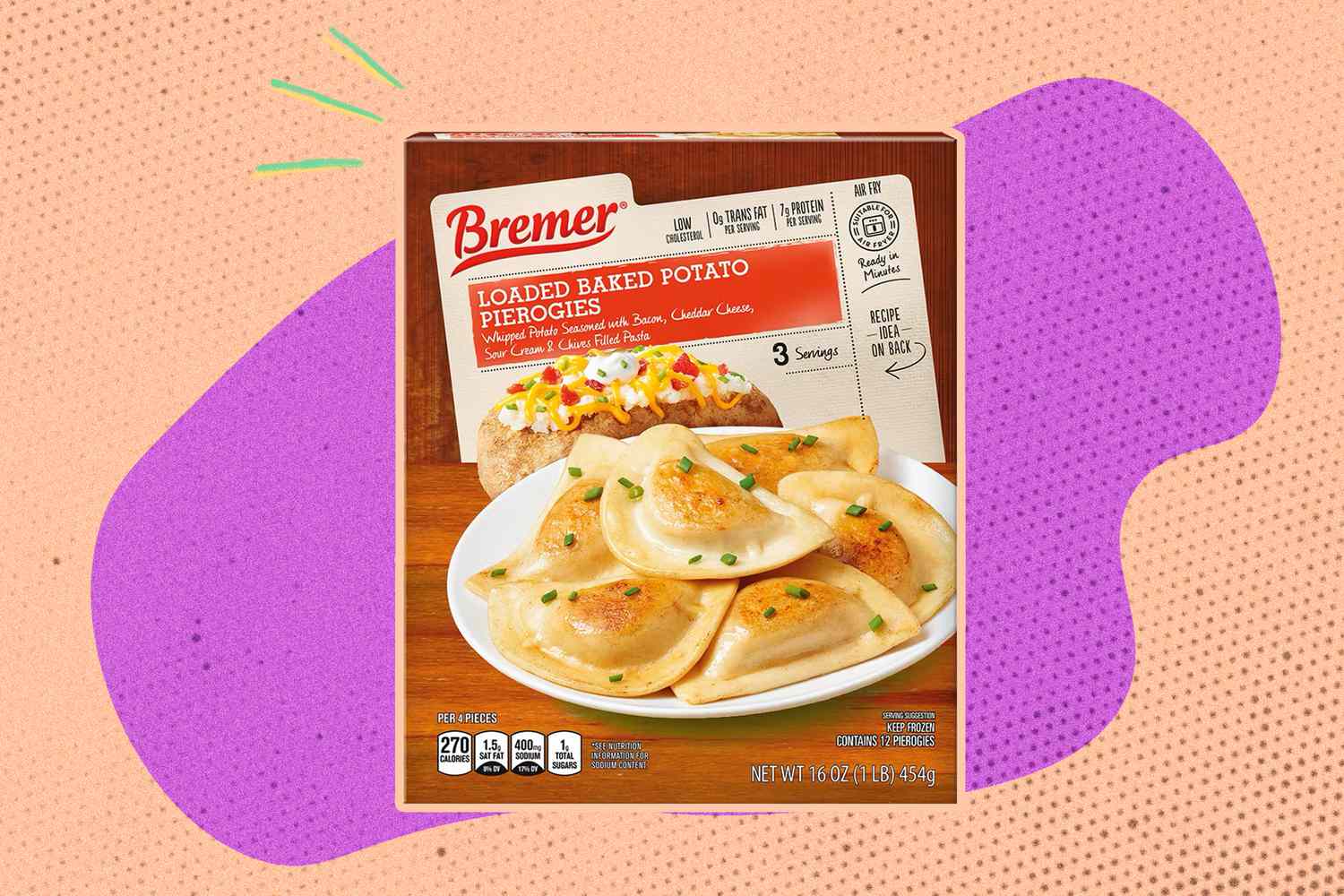 A Bremer loaded baked potato pierogi box on an illustrated background
