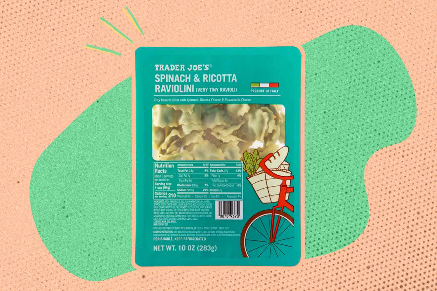 Trader Joe's Spinach and Ricotta Ravilolini over a colorful background