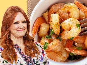 A split image of Ree Drummond and to a bowl of garlic shrimp
