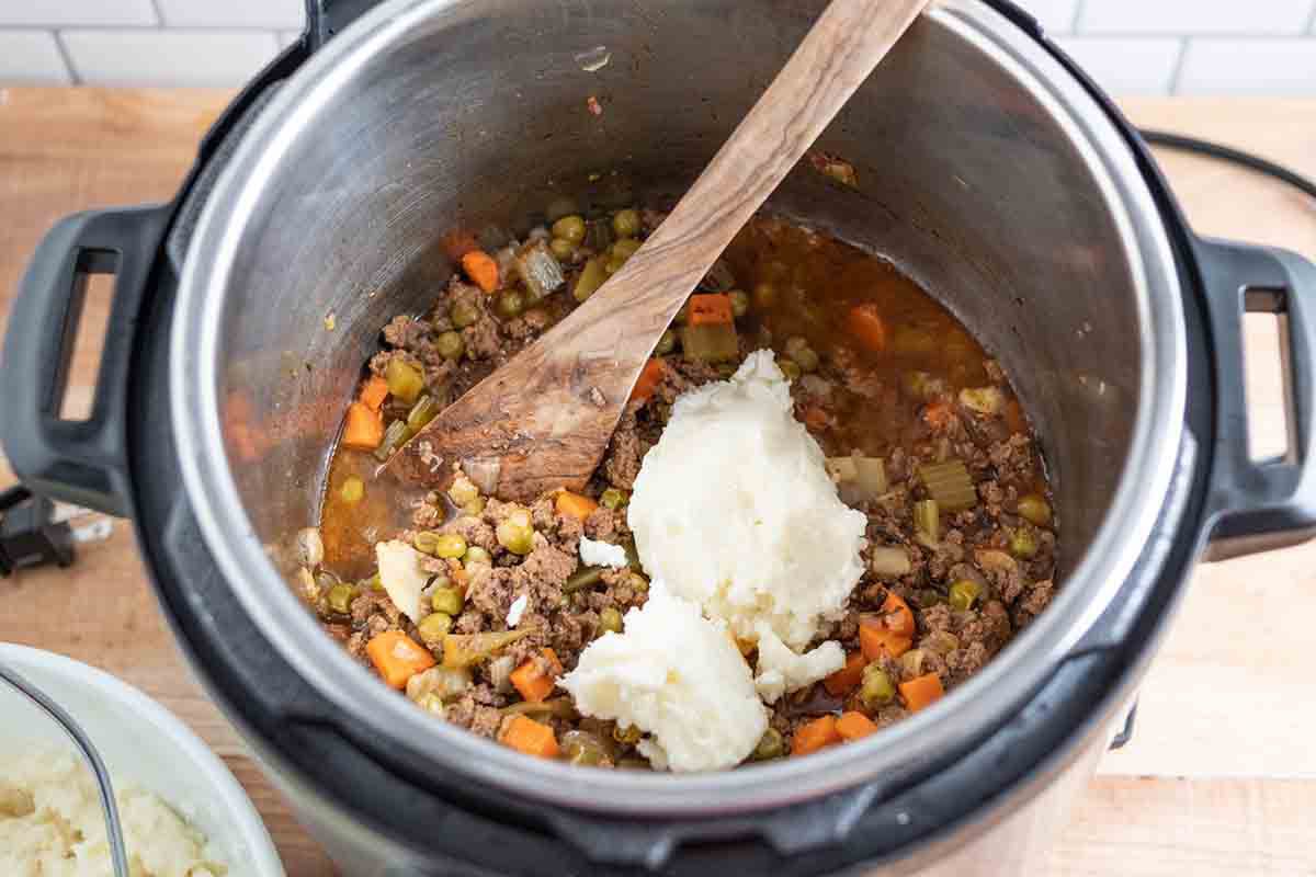Pressure Cooker Shepherd's Pie - Stir in the mashed potatoes