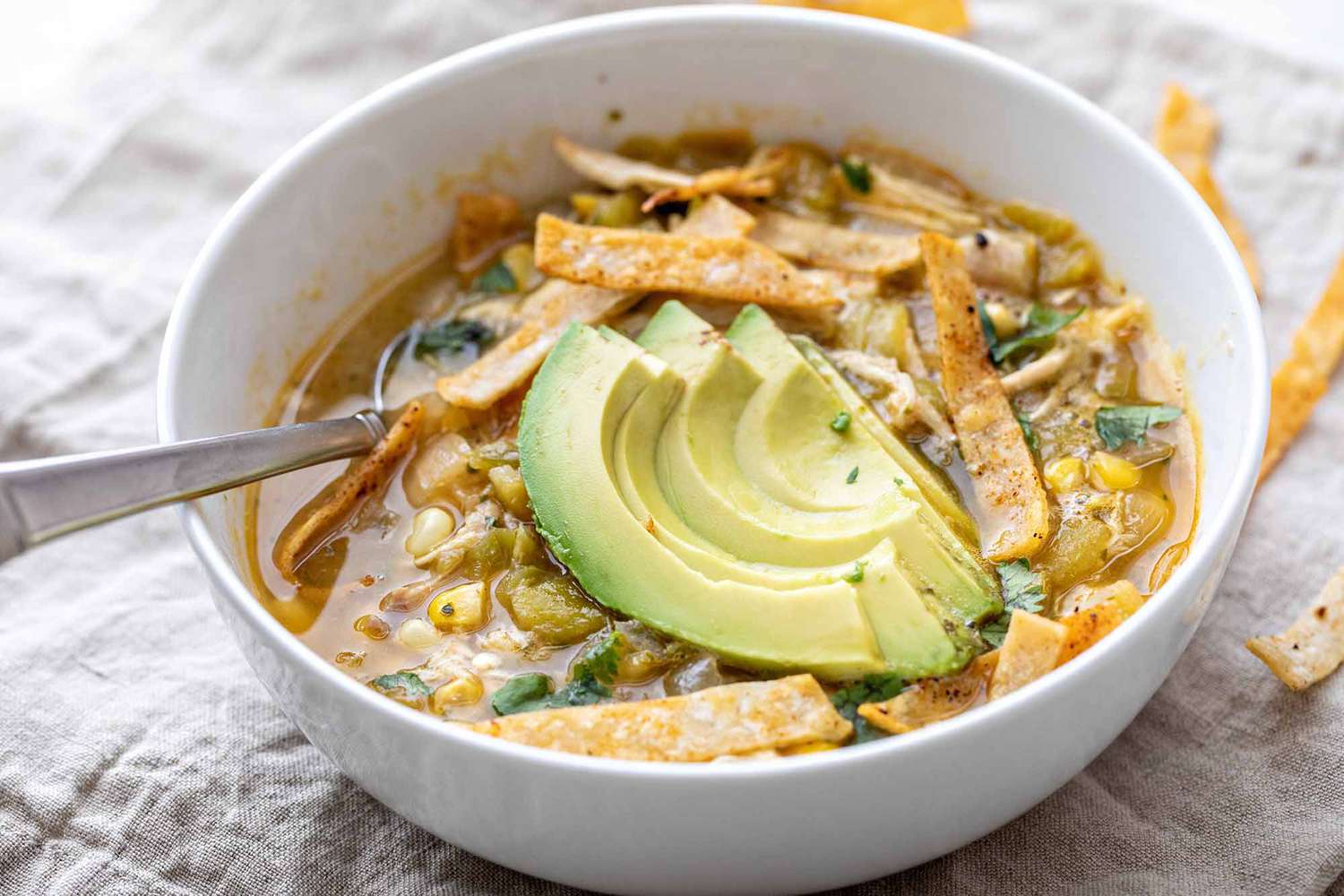 A bowl of green chicken chili