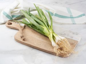 Bunch of green onions with roots on a wooden cutting board