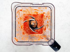 blender with tomato sauce in it (overhead shot)