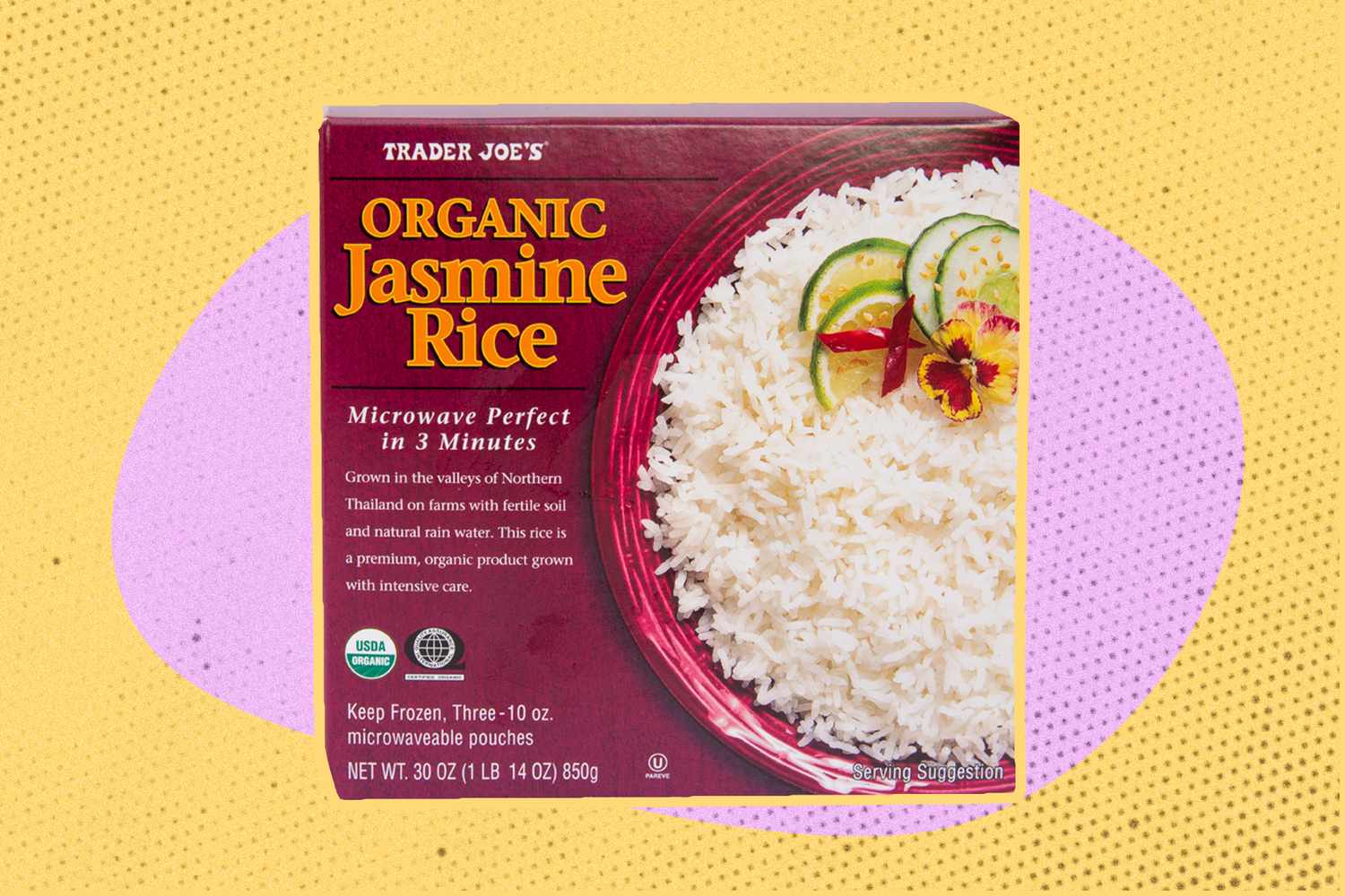Trader Joes Organic frozen Jasmine Rice package on a patterned background