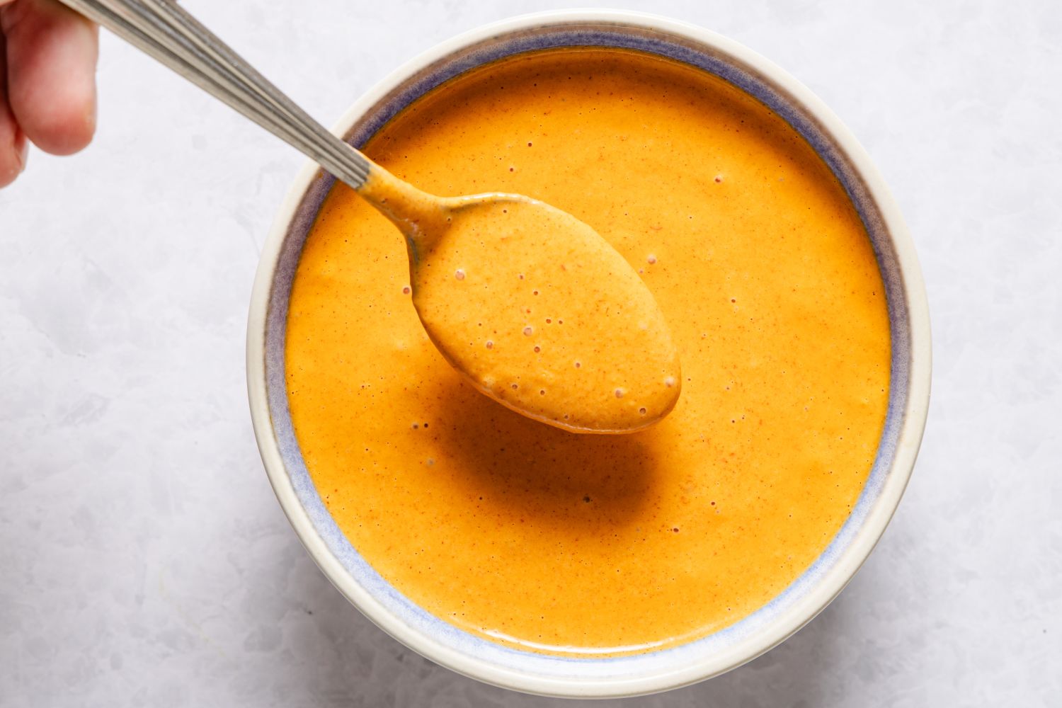 A spoonful of sauce being lifted from a bowl showcasing its texture