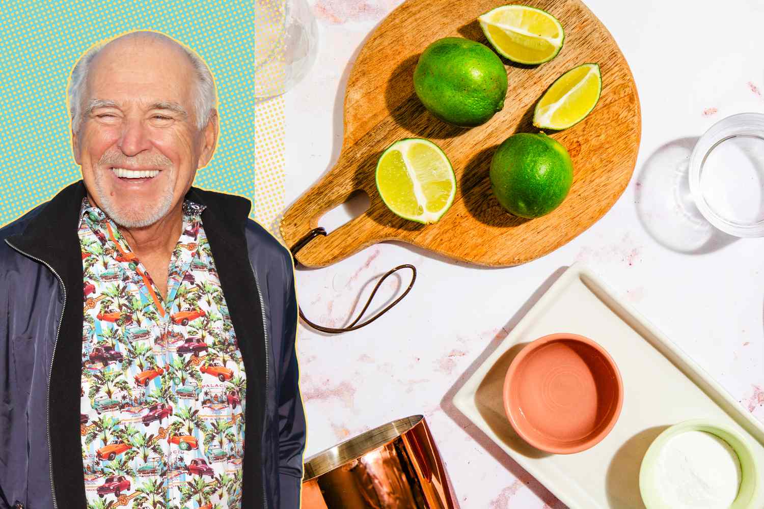 Jimmy Buffet next to a margarita making scene with cut limes, a cocktail shaker, and simple syrup