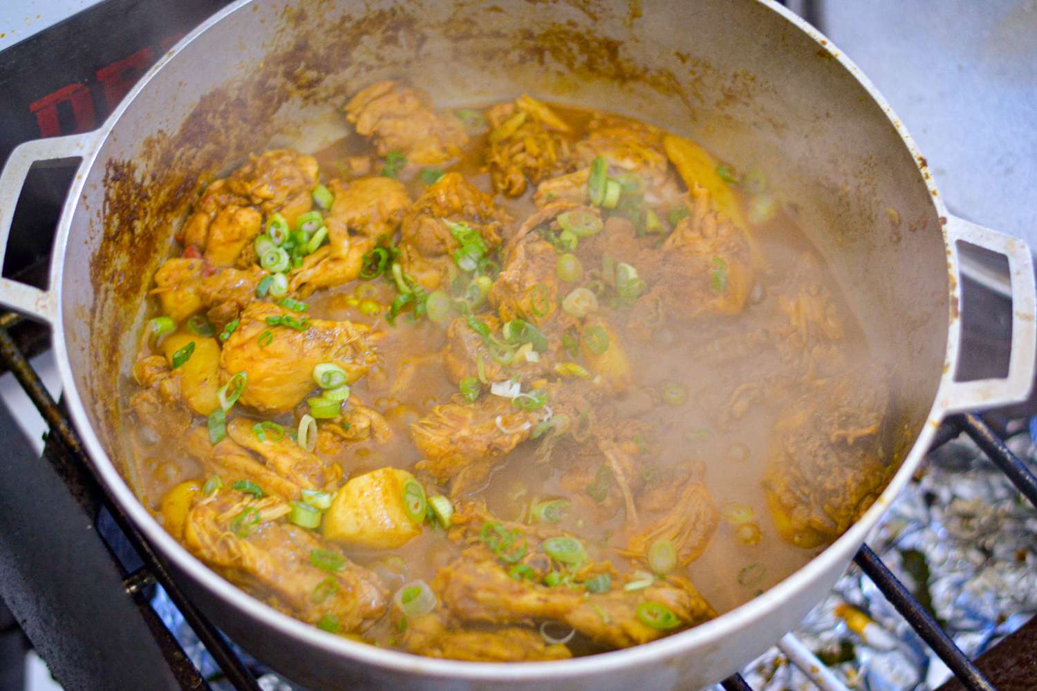 Spring Onions Added to Chicken Curry in Pot
