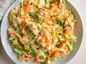 Coleslaw in a white bowl