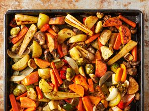 sheet pan filled with roasted vegetables