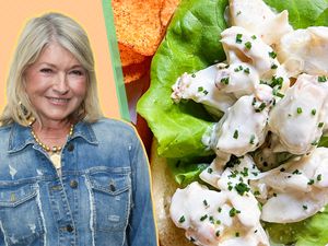 A split image of Martha Stewart and a crab roll