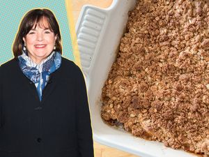 A split image of Ina Garten and her plum crumble in a white baking dish