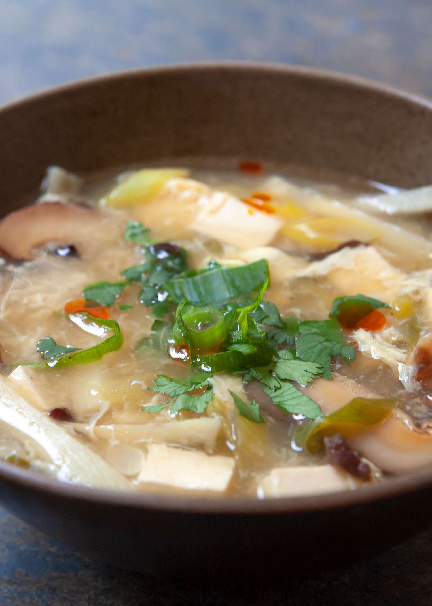 Hot and sour soup in a bowl.