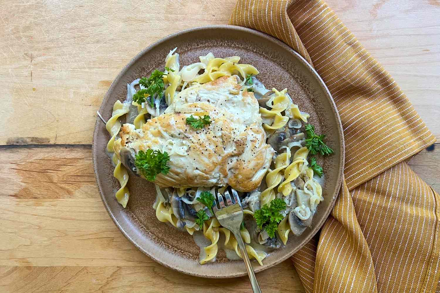 Plate of creamy chicken with mushroom sauce served over egg noodles and garnished with parsley