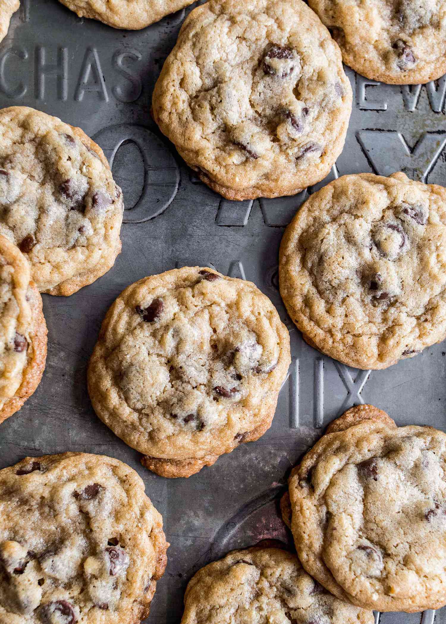 Overhead view of chocolate chip cookies.