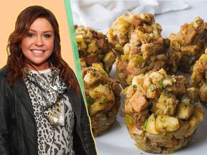 Rachael Ray next to a serving of stuffing muffins